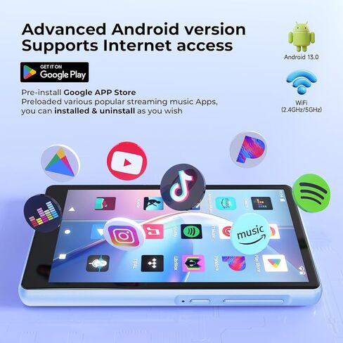 مشغل MP3 سعة 160 جيجابايت مع بلوتوث وواي فاي، مشغل MP3 Android مع Spotify، مشغل MP4 مع شاشة لمس عالية الدقة 4.5 بوصة، Google Play، Amazon Music، Pandora، مشغل للأطفال، إلغاء تثبيت التطبيق وتثبيته in Kuwait