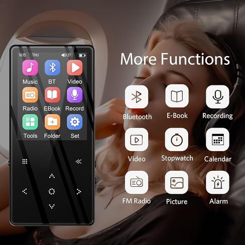 مشغل MP3 مع شاشة TFT ملونة 2.8 بوصة، مشغل موسيقى مع بلوتوث يدعم راديو FM وفيديو إلكتروني مدمج 32 جيجابايت in Saudi Arabia
