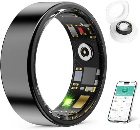 Smart Ring for Women Men Fitness Ring with Charging Dock,Efficient Chip Fitness Tracker, Monitors Heart, Blood Oxygen & Pressure, Sleep, Steps, Waterproof for iPhone and Android (Black, 14#(23.4mm)) in Saudi Arabia