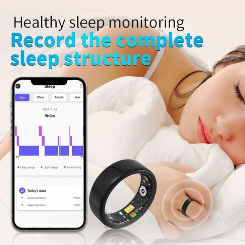 Smart Ring for Women Men Fitness Ring with Charging Dock,Efficient Chip Fitness Tracker, Monitors Heart, Blood Oxygen & Pressure, Sleep, Steps, Waterproof for iPhone and Android (Black, 14#(23.4mm)) in Saudi Arabia