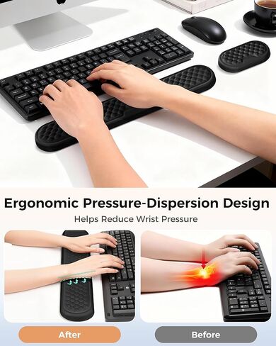 Wrist Rest Set for Keyboard and Mouse, Ergonomic Wrist Support with Memory Foam, Silky Lycra Cover, Non-Slip Base, Helps Ease Wrist Pressure and Fatigue During Long Typing and Gaming Sessions (Black) in Saudi Arabia