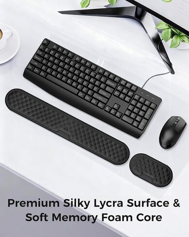 Wrist Rest Set for Keyboard and Mouse, Ergonomic Wrist Support with Memory Foam, Silky Lycra Cover, Non-Slip Base, Helps Ease Wrist Pressure and Fatigue During Long Typing and Gaming Sessions (Black) in Saudi Arabia