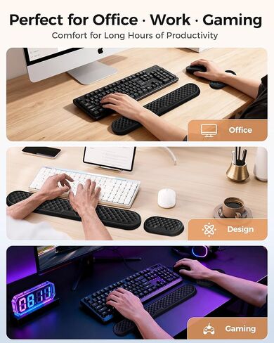 Wrist Rest Set for Keyboard and Mouse, Ergonomic Wrist Support with Memory Foam, Silky Lycra Cover, Non-Slip Base, Helps Ease Wrist Pressure and Fatigue During Long Typing and Gaming Sessions (Black) in Saudi Arabia