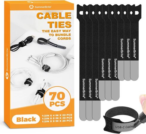 SummerBrite 70 Pack Black Cable Ties 6 Inch with Writable Labels, Reusable Cable Management Straps, Hook and Loop Cord Organizer for Home Office, PC Desk Setup, Electronics & Travel Wire Management in Kuwait