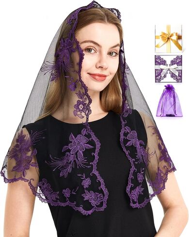 Mantilla Church Veil Gifts for Women, Embroidery Lace Catholic Mantilla Mass Head Covering Prayer Chapel Veils (Navy and Black) in Saudi Arabia