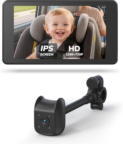Baby Car Camera Monitor | 5" 1080P IPS Suction Cup Screen - 360° Rotation IR Night Vision 3X Zoom - USB Powered Headrest Mount for Baby Car Cam in Saudi Arabia