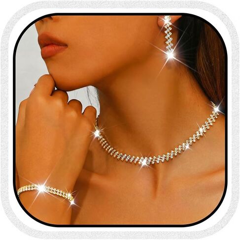 Unicra Rhinestone Bridal Wedding Jewelry Sets Silver Necklace Earrings Bracelet Set Prom Formal Costume Jewelry Set for Women and Brides in Saudi Arabia