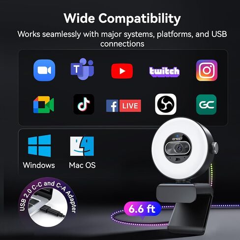 كاميرا ويب EMEET S600L 4K للبث مع ضوء حلقي، 4 أوضاع إضاءة، تأثير قوس قزح، مستشعر 1/2 بوصة، تصوير AI، 0.2S PDAF، 2 ميكروفون، التحكم في القرص، كاميرا ويب 4K مع ضوء لـ OBS/Twitch/YouTube/Zoom/PC/Mac in Saudi Arabia