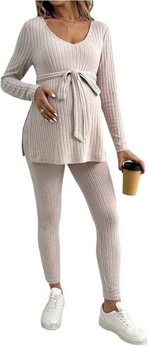 MakeMeChic Women's Maternity Clothes 2 Piece Outfit Long Sleeve V Neck Belted Tops and Leggings Pregnancy Set Army Green Large in Saudi Arabia