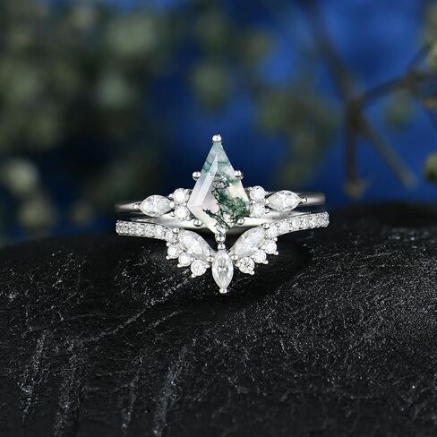 Natural Moss Agate Ring for Women 925 Sterling Silver Kite Cut Moss Agate Engagement Ring Set Moissanite Promise Rings Wedding Band Birthday Anniversary Jewelry Gift for Her in Saudi Arabia