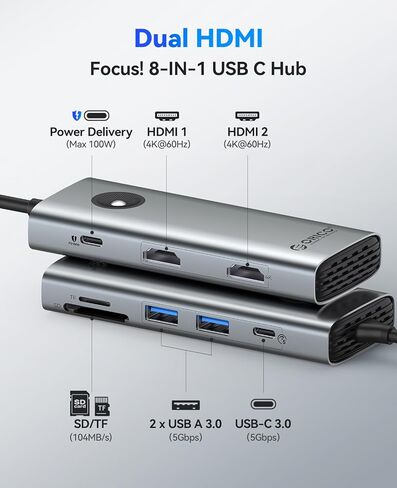 ORICO USB C Docking Station Dual Monitor, 8-in-1 USB C Hub with 2 HDMI 4K@60Hz Ports, 100W PD Charging, USB-A&C 3.0, SD/TF for Laptop MacBook Dell PW11-8PH in Saudi Arabia