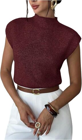 GORGLITTER Women's Short Sleeve Cropped Sweater Mock Neck Cinched Waist Pullover Knit Tank Tops Teacher Outfits Brown Medium in Saudi Arabia