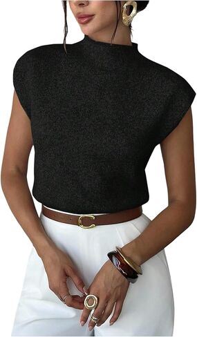 GORGLITTER Women's Short Sleeve Cropped Sweater Mock Neck Cinched Waist Pullover Knit Tank Tops Teacher Outfits Brown Medium in Saudi Arabia