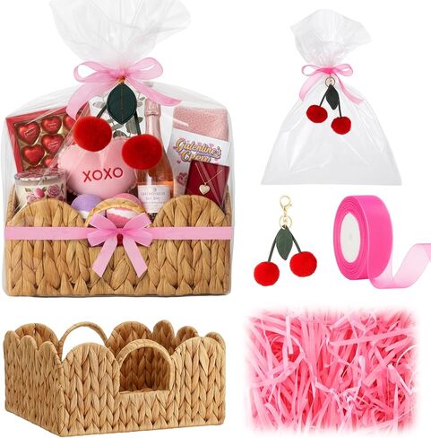 Valentines' Day Small Woven Gift Baskets Empty Galentines with Gift Bags and Ribbons Raffia Cherry Pendant Storage Basket Decorative for Valentines Birthday Party Supplies 11.02'' x 11.02'' x 5.12'' in Saudi Arabia