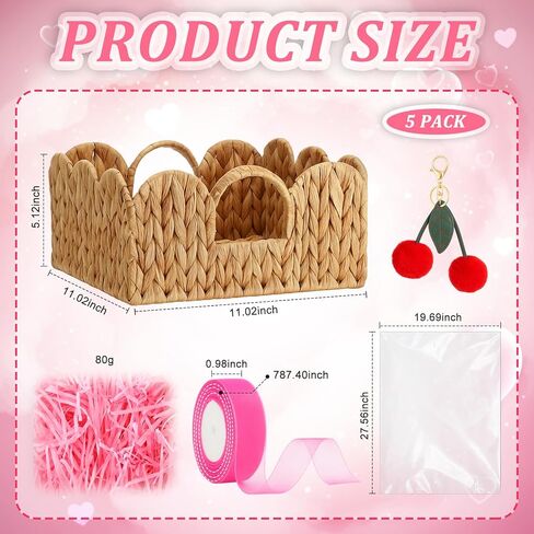Valentines' Day Small Woven Gift Baskets Empty Galentines with Gift Bags and Ribbons Raffia Cherry Pendant Storage Basket Decorative for Valentines Birthday Party Supplies 11.02'' x 11.02'' x 5.12'' in Saudi Arabia