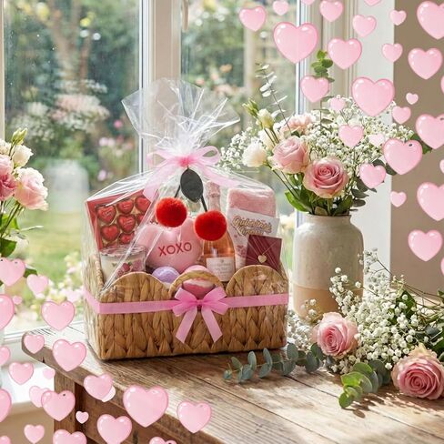 Valentines' Day Small Woven Gift Baskets Empty Galentines with Gift Bags and Ribbons Raffia Cherry Pendant Storage Basket Decorative for Valentines Birthday Party Supplies 11.02'' x 11.02'' x 5.12'' in Saudi Arabia