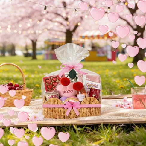 Valentines' Day Small Woven Gift Baskets Empty Galentines with Gift Bags and Ribbons Raffia Cherry Pendant Storage Basket Decorative for Valentines Birthday Party Supplies 11.02'' x 11.02'' x 5.12'' in Saudi Arabia