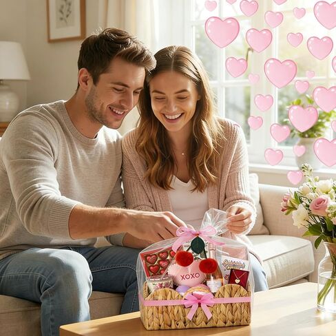 Valentines' Day Small Woven Gift Baskets Empty Galentines with Gift Bags and Ribbons Raffia Cherry Pendant Storage Basket Decorative for Valentines Birthday Party Supplies 11.02'' x 11.02'' x 5.12'' in Saudi Arabia