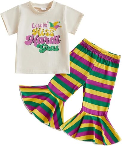 Pudcoco Kids طفل رضيع الفتيات ماردي غرا الزي Litte Miss Mardi Gras تي شيرت ومجموعة قيعان الجرس المخططة in Kuwait