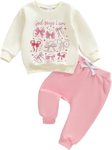 SHIBAOZI Baby Girl Clothes Set 2PCS Bow Christian Letter Print Sweatshirt Pullover Pants Toddler Infant Winter Fall Outfits in Kuwait