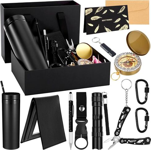12 Pack Valentine Gift Basket for Men Survival Gift Box Kit Tumbler Compass Multitool Pliers Flashlight Pen Whistle Wallet Camping and Survival Tools for Dad Boyfriend in Saudi Arabia