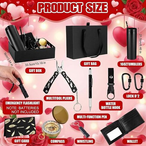 12 Pack Valentine Gift Basket for Men Survival Gift Box Kit Tumbler Compass Multitool Pliers Flashlight Pen Whistle Wallet Camping and Survival Tools for Dad Boyfriend in Saudi Arabia