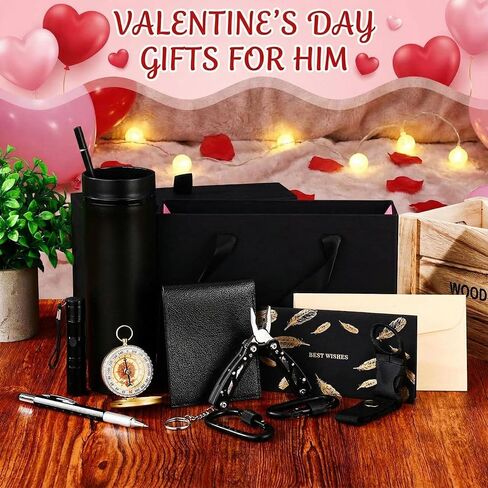 12 Pack Valentine Gift Basket for Men Survival Gift Box Kit Tumbler Compass Multitool Pliers Flashlight Pen Whistle Wallet Camping and Survival Tools for Dad Boyfriend in Saudi Arabia