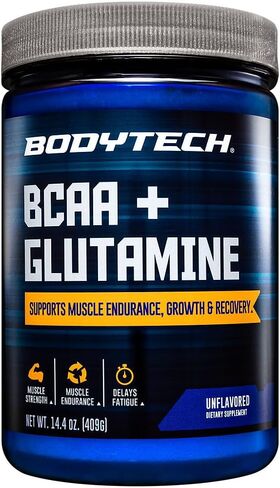 BODYTECH BCAA + مسحوق الجلوتامين - يدعم تعافي العضلات والقوة والقدرة على التحمل - بدون نكهة للاستخدام المتنوع (7.3 أونصة، 30 وجبة) in Kuwait