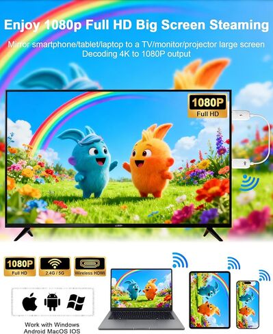 Wireless HDMI Display Adapter, Wireless HDMI Cable for AirPlay/Miracast to 1080P HDTV Big Screen Mirroring Dongle Adapter Receiver Only Design, for MacOS/iOS/Android/Windows, No App/Wi-Fi/Bluetooth in Saudi Arabia