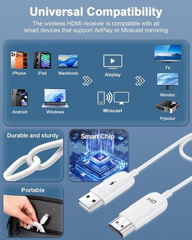 Wireless HDMI Display Adapter, Wireless HDMI Cable for AirPlay/Miracast to 1080P HDTV Big Screen Mirroring Dongle Adapter Receiver Only Design, for MacOS/iOS/Android/Windows, No App/Wi-Fi/Bluetooth in Saudi Arabia