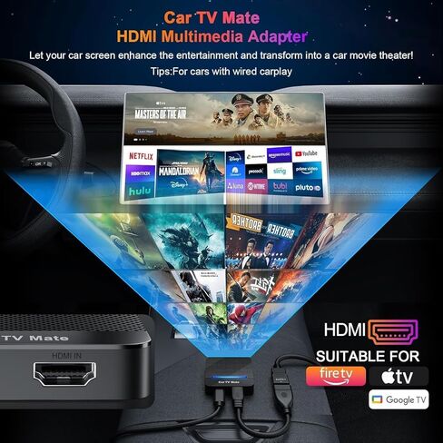 محول الوسائط المتعددة للسيارة TV Mate-HDMl لعصا التلفزيون Fire/Google T V Sticks/وحدات التحكم بالألعاب/قاذفات الشاشة، محول 2 في 1 Carplay T V مع HDMI ومنفذ USBC لهاتف iPhone، تحويل سلكي إلى تشغيل سيارة لاسلكي in Saudi Arabia