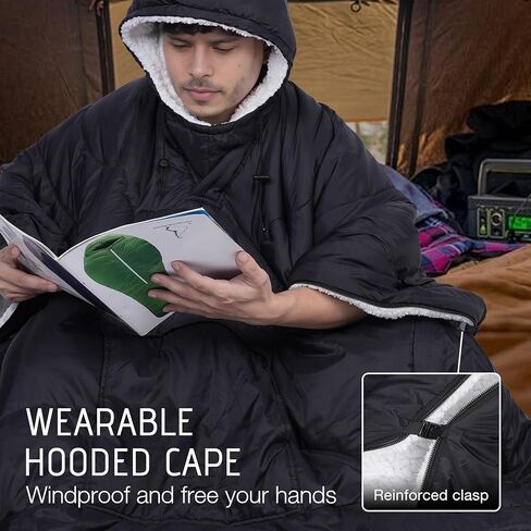 REDCAMP Wearable Camping Poncho Blanket, 4-in-1 Waterproof Windproof Thermal Blanket with Kangaroo Pocket & Carry Bag, Lightweight Portable Insulated Poncho for Outdoor Hiking Stadium,（Black） in Saudi Arabia