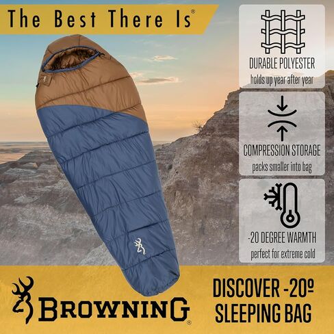Browning Discover -20° Sleeping Bag – Extreme Cold Weather Mummy Sleeping Bag with TechLoft Silver Insulation, Draft Collar & Durable Shell for Winter Camping, Backpacking & Outdoor Adventure in Saudi Arabia