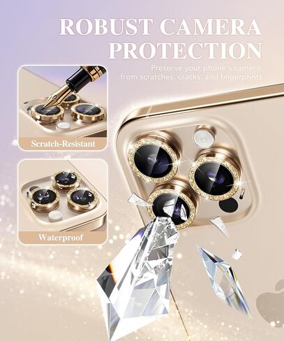 BERFY Camera Lens Protector for iPhone 16 Pro/16 Pro Max, Glitter Bling Aluminum Alloy Metal Ring, 9H Tempered Glass Camera Cover Screen Protector Accessories, Anti-Scratch, Case Friendly, Gold in Kuwait