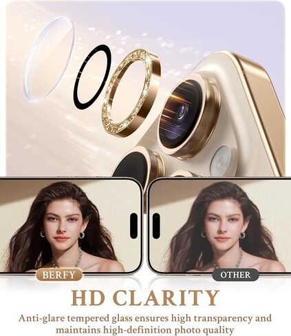 BERFY Camera Lens Protector for iPhone 16 Pro/16 Pro Max, Glitter Bling Aluminum Alloy Metal Ring, 9H Tempered Glass Camera Cover Screen Protector Accessories, Anti-Scratch, Case Friendly, Gold in Kuwait