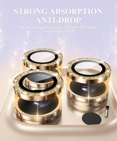 BERFY Camera Lens Protector for iPhone 16 Pro/16 Pro Max, Glitter Bling Aluminum Alloy Metal Ring, 9H Tempered Glass Camera Cover Screen Protector Accessories, Anti-Scratch, Case Friendly, Gold in Kuwait