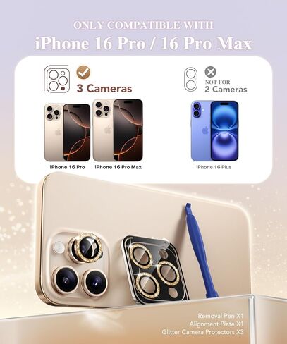 BERFY Camera Lens Protector for iPhone 16 Pro/16 Pro Max, Glitter Bling Aluminum Alloy Metal Ring, 9H Tempered Glass Camera Cover Screen Protector Accessories, Anti-Scratch, Case Friendly, Gold in Kuwait