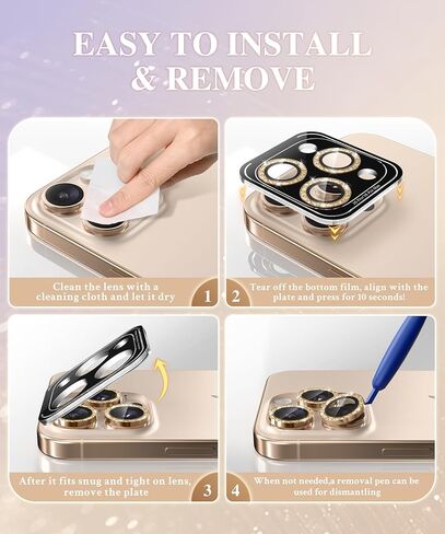 BERFY Camera Lens Protector for iPhone 16 Pro/16 Pro Max, Glitter Bling Aluminum Alloy Metal Ring, 9H Tempered Glass Camera Cover Screen Protector Accessories, Anti-Scratch, Case Friendly, Gold in Kuwait