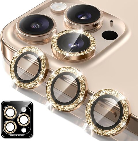 BERFY Camera Lens Protector for iPhone 16 Pro/16 Pro Max, Glitter Bling Aluminum Alloy Metal Ring, 9H Tempered Glass Camera Cover Screen Protector Accessories, Anti-Scratch, Case Friendly, Gold in Kuwait