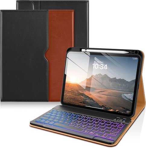 حافظة DTTO لجهاز iPad 11th (A16)/ الجيل العاشر مع لوحة مفاتيح (2025/2022)، غطاء جلدي قابل للفصل بإضاءة خلفية لاسلكية بـ 7 ألوان مع حامل أقلام وجيب، أسود بني in Kuwait