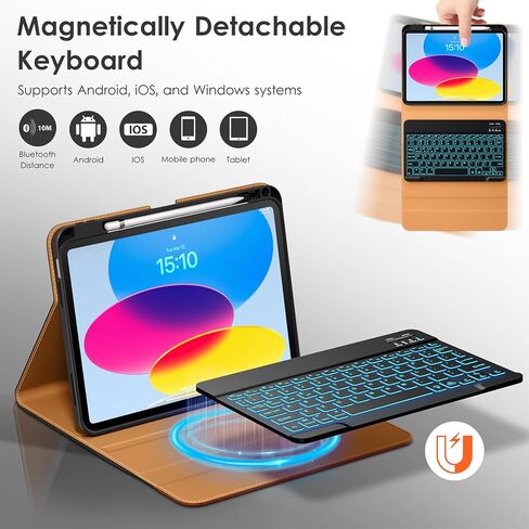 حافظة DTTO لجهاز iPad 11th (A16)/ الجيل العاشر مع لوحة مفاتيح (2025/2022)، غطاء جلدي قابل للفصل بإضاءة خلفية لاسلكية بـ 7 ألوان مع حامل أقلام وجيب، أسود بني in Kuwait