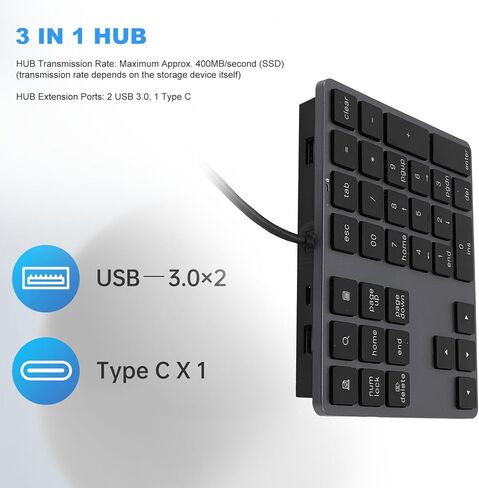لوحة مفاتيح رقمية USB، لوحة أرقام سلكية USB C 3.1 مع منفذي USB 3.0 ومنفذ واحد من النوع C، لوحة أرقام صغيرة نحيفة 34 مفتاحًا لأجهزة الكمبيوتر المحمول المكتبية، لأجهزة Android وOS X in Saudi Arabia