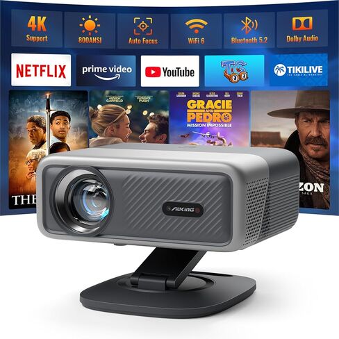 [Compatible with Netflix & Auto Focus]AuKing Smart Projector with Wifi and Bluetooth,Auto Focus&Keystone Projector4K,3D DoIby Audio, 1200ANSI Outdoor Projector with Omnidirectional Rotating Stand in Kuwait