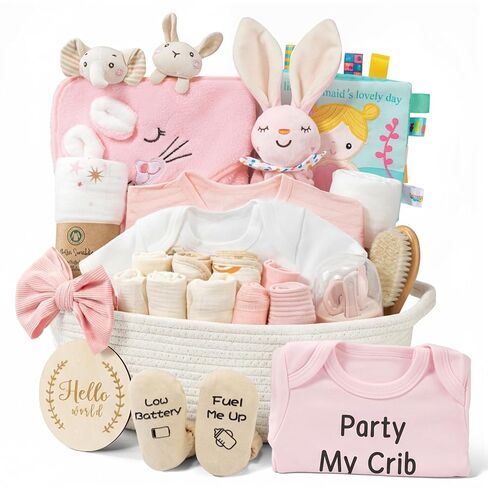 28-Piece Baby Shower Gifts for Girls, Baby Essentials for Newborn, Large Baby Girl Gift Basket, Gender Reveal Gifts, Baby Registry Search, Diaper Caddy Organizer (Pink) in Saudi Arabia