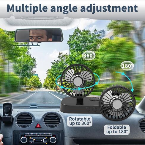 مروحة سيارة، مروحة تبريد مزدوجة الرأس محمولة تعمل بمنفذ USB للسيارة، قابلة للدوران 360 درجة وسرعتين قابلتين للتعديل ووظيفة الضباب، دوران هواء قوي لمركبة شاحنة الدفع الرباعي وقارب RV، 12 فولت (أسود) in Kuwait