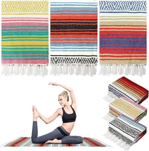 3 Pcs Mexican Blanket Bulk, 45 x 70 Inch Yoga Blanket Large Cotton Outdoor Camping Blankets with Fringed for Outdoor Beach Picnic Home Decor in Kuwait