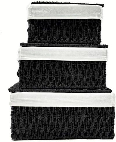 Woven Storage Baskets with Lids, Set of 3, Green Paper Rope Wicker Bins, Stackable Shelf Organizer Boxes for Bathroom Closet Nursery in Saudi Arabia