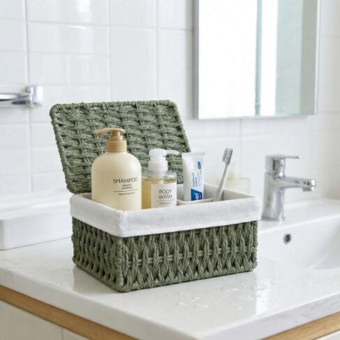 Woven Storage Baskets with Lids, Set of 3, Green Paper Rope Wicker Bins, Stackable Shelf Organizer Boxes for Bathroom Closet Nursery in Saudi Arabia