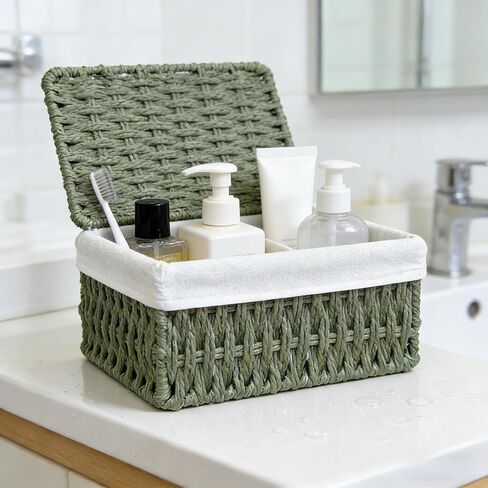 Woven Storage Baskets with Lids, Set of 3, Green Paper Rope Wicker Bins, Stackable Shelf Organizer Boxes for Bathroom Closet Nursery in Saudi Arabia
