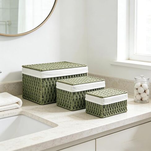 Woven Storage Baskets with Lids, Set of 3, Green Paper Rope Wicker Bins, Stackable Shelf Organizer Boxes for Bathroom Closet Nursery in Saudi Arabia